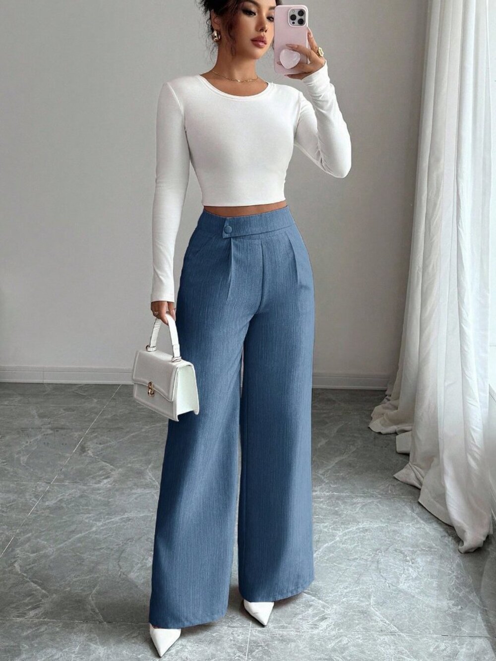 blue Casual Women's Work Office Loose Flowy Straight Leg Pants - Picture 4 of 7